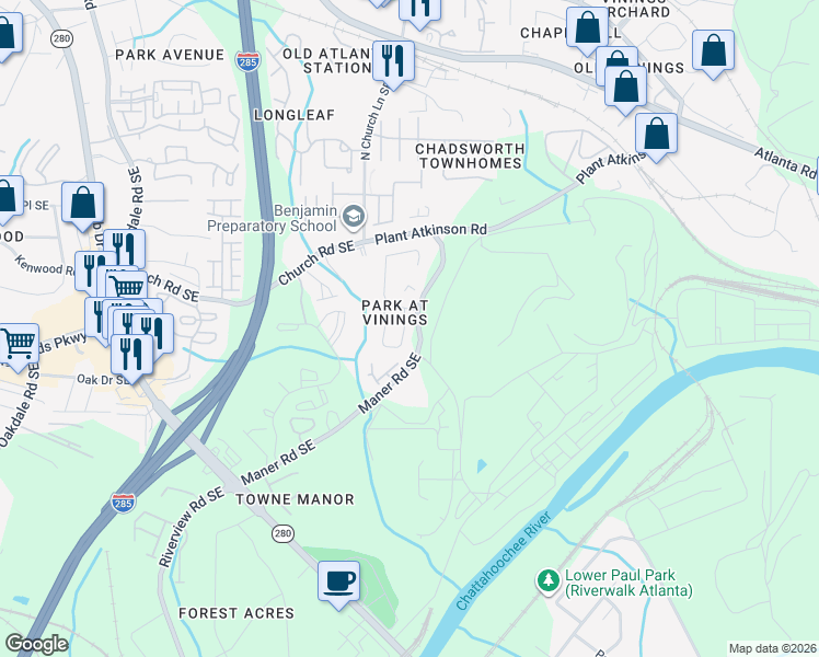 map of restaurants, bars, coffee shops, grocery stores, and more near 2596 Alvecot Circle Southeast in Atlanta