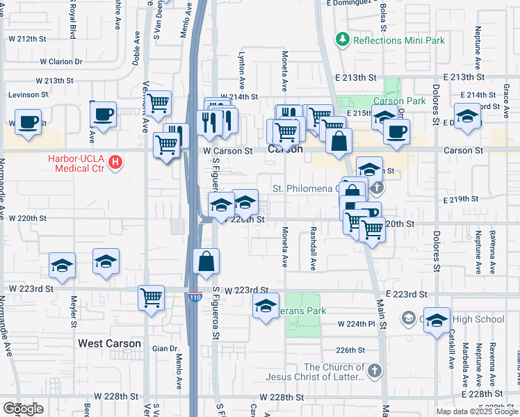 map of restaurants, bars, coffee shops, grocery stores, and more near 401 West 220th Street in Carson