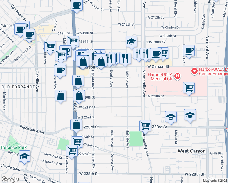 map of restaurants, bars, coffee shops, grocery stores, and more near 21914 Denker Avenue in Torrance