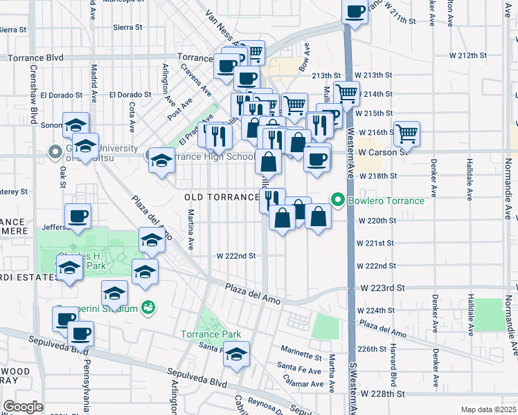 map of restaurants, bars, coffee shops, grocery stores, and more near 1877 West 220th Street in Torrance