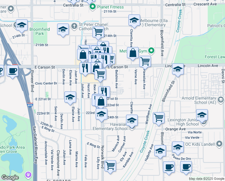 map of restaurants, bars, coffee shops, grocery stores, and more near 21925 Belshire Avenue in Hawaiian Gardens