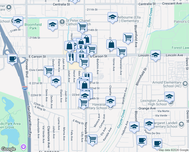 map of restaurants, bars, coffee shops, grocery stores, and more near 21925 Belshire Avenue in Hawaiian Gardens