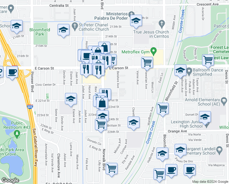 map of restaurants, bars, coffee shops, grocery stores, and more near 21925 Belshire Avenue in Hawaiian Gardens