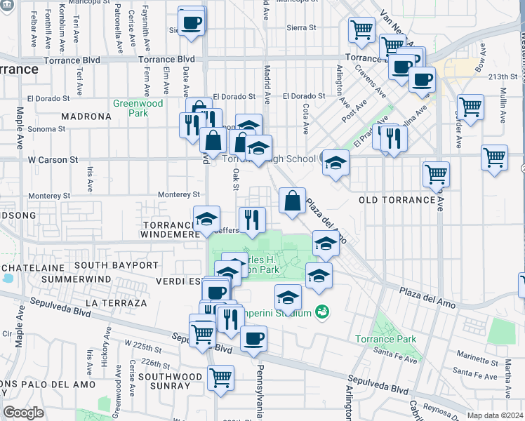 map of restaurants, bars, coffee shops, grocery stores, and more near 1800 Oak Street in Torrance