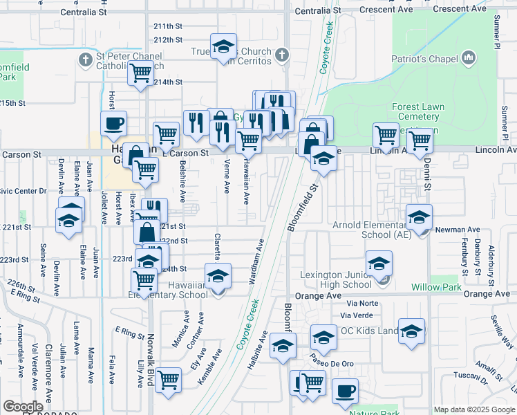 map of restaurants, bars, coffee shops, grocery stores, and more near 12550 East Carson Street in Hawaiian Gardens