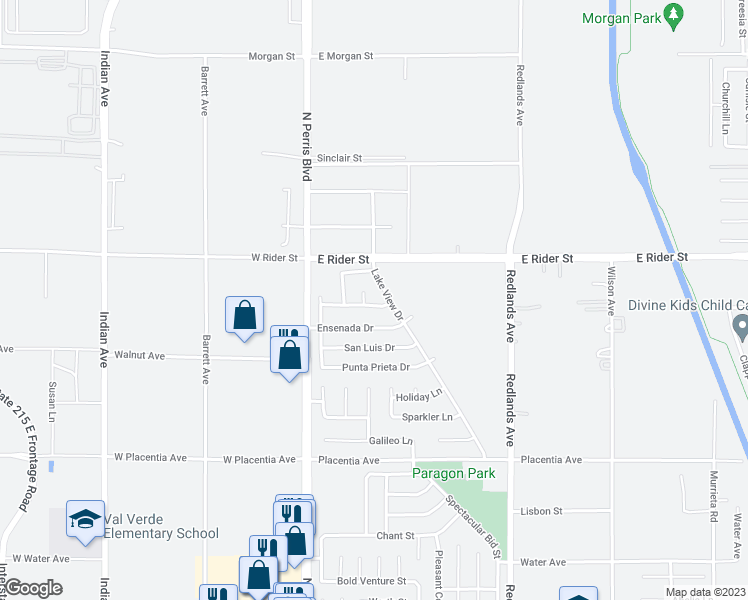 map of restaurants, bars, coffee shops, grocery stores, and more near 140 San Felipe Street in Perris