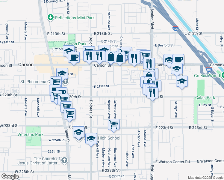 map of restaurants, bars, coffee shops, grocery stores, and more near 437 Willow Run Lane in Carson