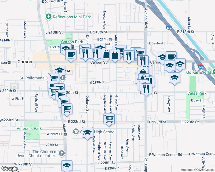 map of restaurants, bars, coffee shops, grocery stores, and more near 437 Willow Run Lane in Carson