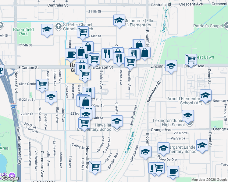 map of restaurants, bars, coffee shops, grocery stores, and more near 21983 Claretta Avenue in Hawaiian Gardens