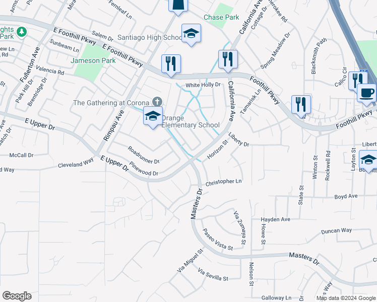 map of restaurants, bars, coffee shops, grocery stores, and more near 1554 Cedar Pines Drive in Corona