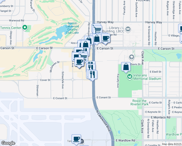 map of restaurants, bars, coffee shops, grocery stores, and more near 3821 North Lakewood Boulevard in Long Beach