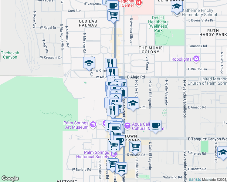 map of restaurants, bars, coffee shops, grocery stores, and more near 407 North Palm Canyon Drive in Palm Springs