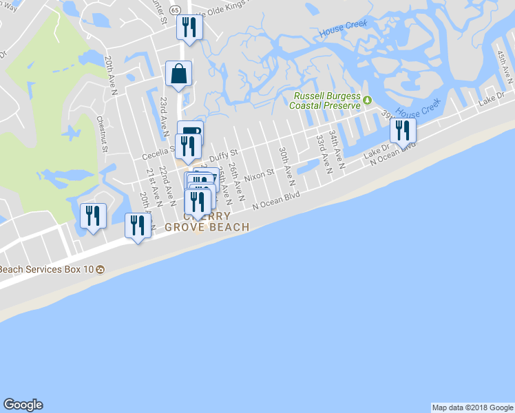 map of restaurants, bars, coffee shops, grocery stores, and more near 2698 North Ocean Boulevard in North Myrtle Beach
