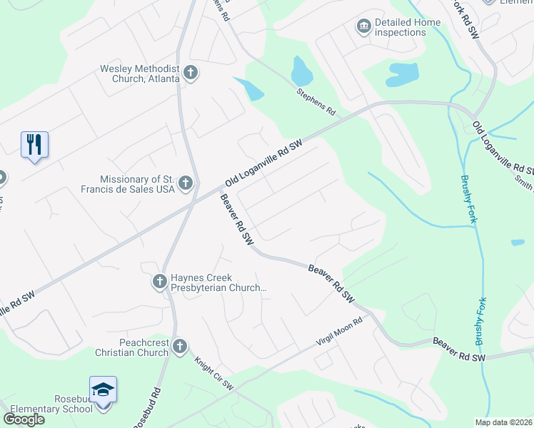 map of restaurants, bars, coffee shops, grocery stores, and more near 1465 Juniper Springs TR Southwest in Loganville
