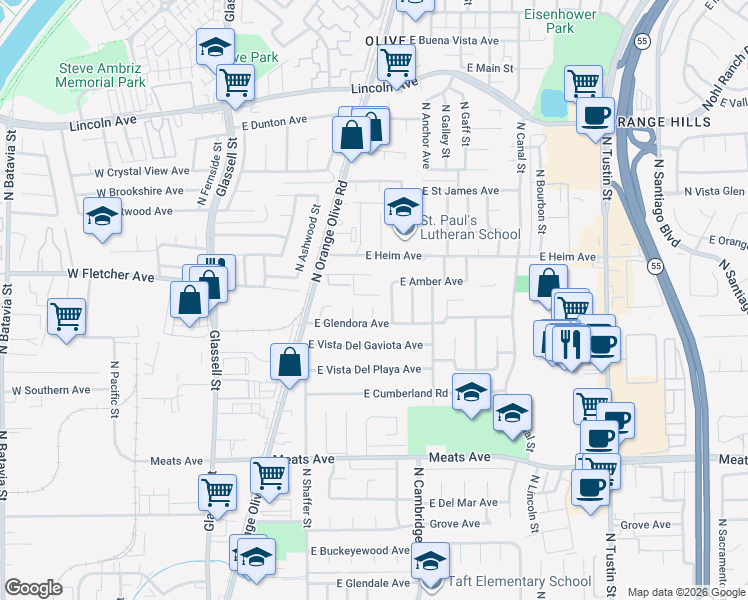 map of restaurants, bars, coffee shops, grocery stores, and more near 2395 North Waterberry Street in Orange