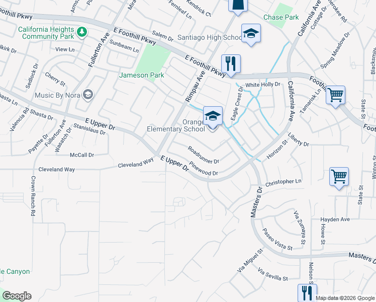 map of restaurants, bars, coffee shops, grocery stores, and more near 1388 Roadrunner Drive in Corona