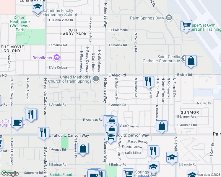 map of restaurants, bars, coffee shops, grocery stores, and more near 380 North Sunrise Way in Palm Springs