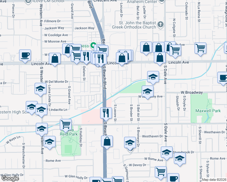map of restaurants, bars, coffee shops, grocery stores, and more near 2959 West Academy Avenue in Anaheim