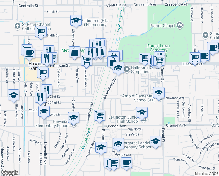 map of restaurants, bars, coffee shops, grocery stores, and more near 9432 Bloomfield Street in Cypress