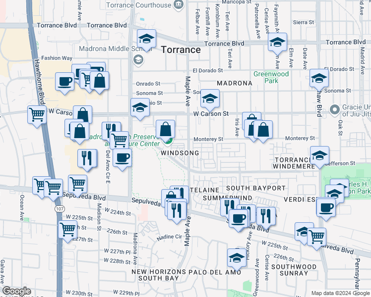map of restaurants, bars, coffee shops, grocery stores, and more near 2971 Plaza del Amo in Torrance
