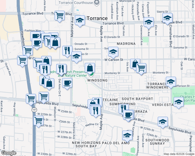 map of restaurants, bars, coffee shops, grocery stores, and more near 3101 Plaza del Amo in Torrance