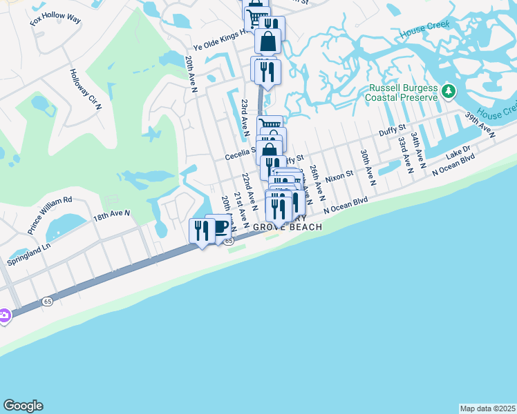 map of restaurants, bars, coffee shops, grocery stores, and more near 2201 Spring Street in North Myrtle Beach