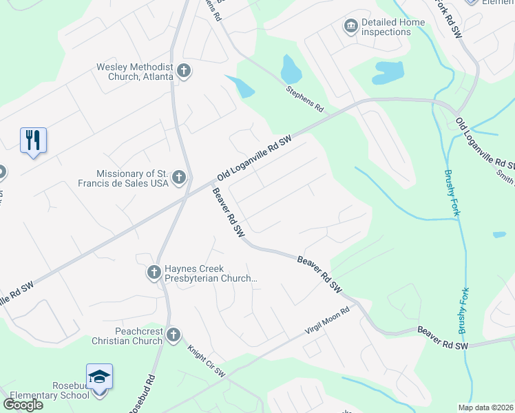 map of restaurants, bars, coffee shops, grocery stores, and more near 1465 Juniper Springs TR Southwest in Loganville