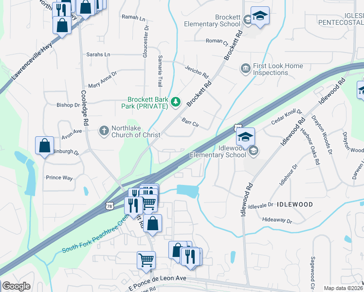 map of restaurants, bars, coffee shops, grocery stores, and more near 1614 Post Oak Drive in Clarkston