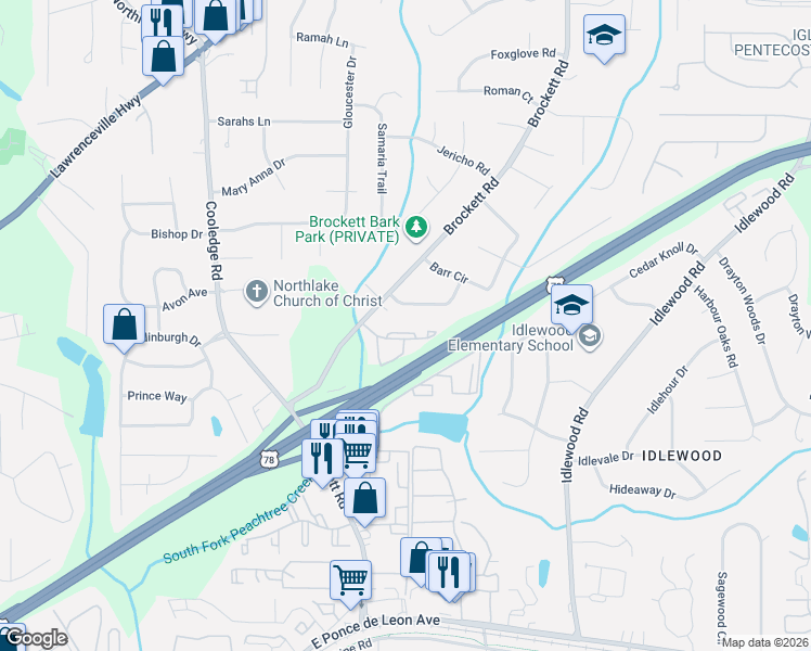 map of restaurants, bars, coffee shops, grocery stores, and more near 3945 Cedar Circle in Tucker