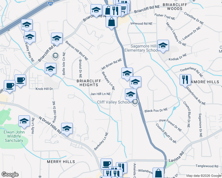 map of restaurants, bars, coffee shops, grocery stores, and more near 1594 Berkeley Lane Northeast in Atlanta