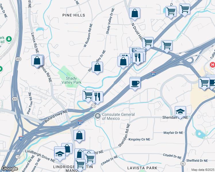 map of restaurants, bars, coffee shops, grocery stores, and more near 2719 Dunex Hill Lane Northeast in Atlanta