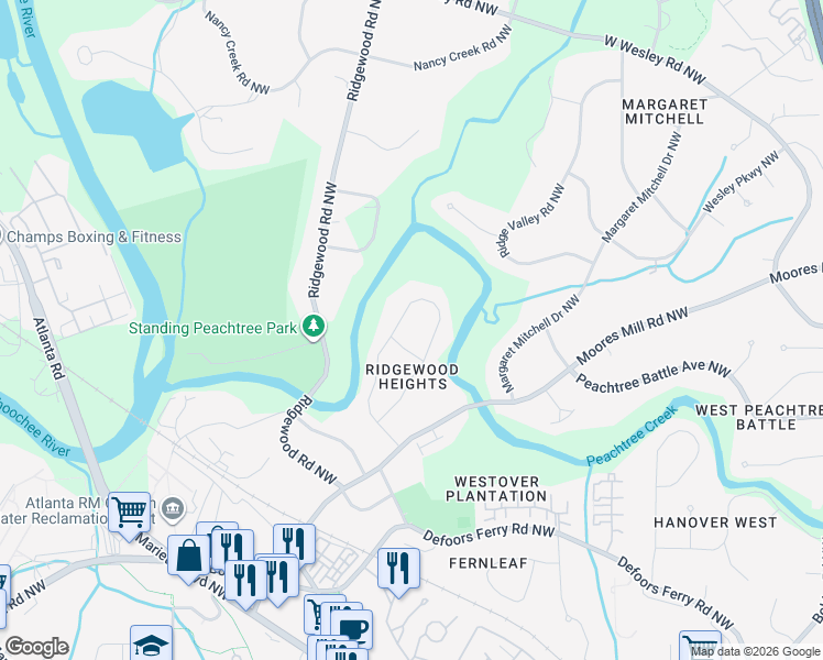 map of restaurants, bars, coffee shops, grocery stores, and more near 2715 Ridgemore Road Northwest in Atlanta