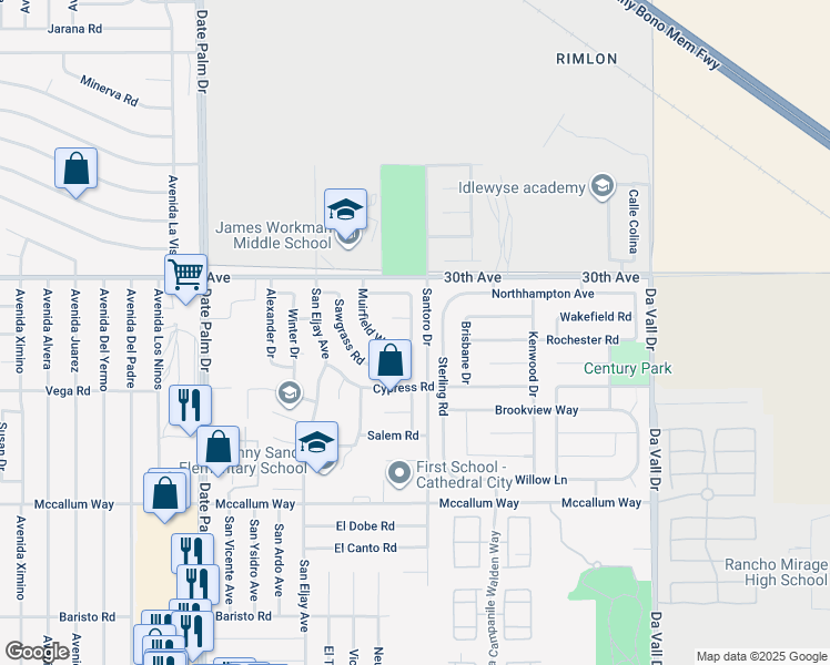map of restaurants, bars, coffee shops, grocery stores, and more near 30212 Inverness Drive in Cathedral City