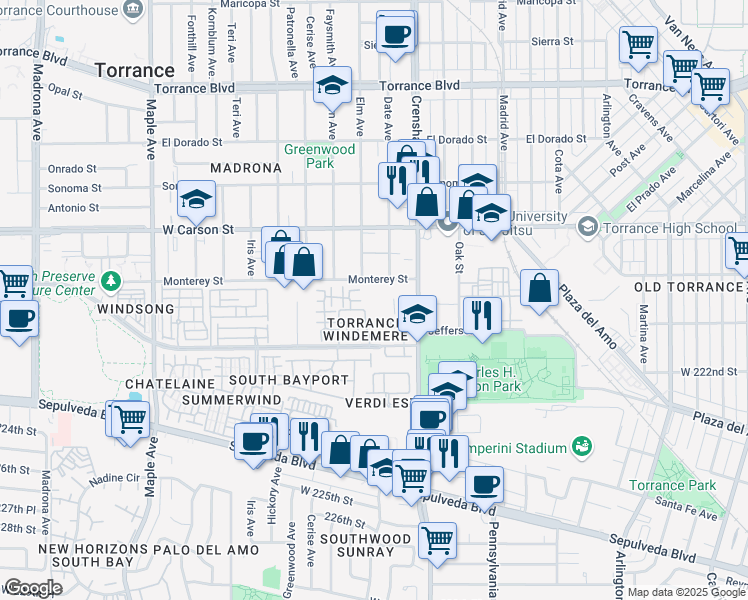 map of restaurants, bars, coffee shops, grocery stores, and more near 2563 Plaza del Amo in Torrance