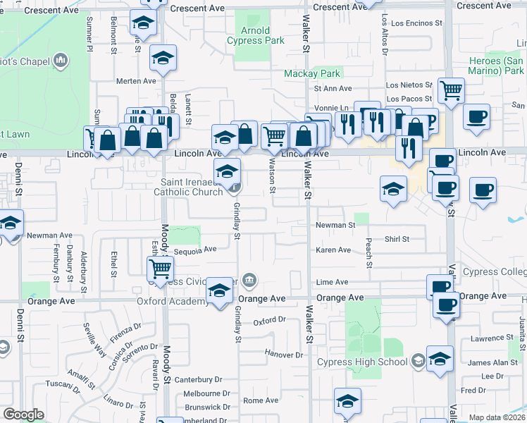 map of restaurants, bars, coffee shops, grocery stores, and more near 5338 Vista Del Mar in Cypress