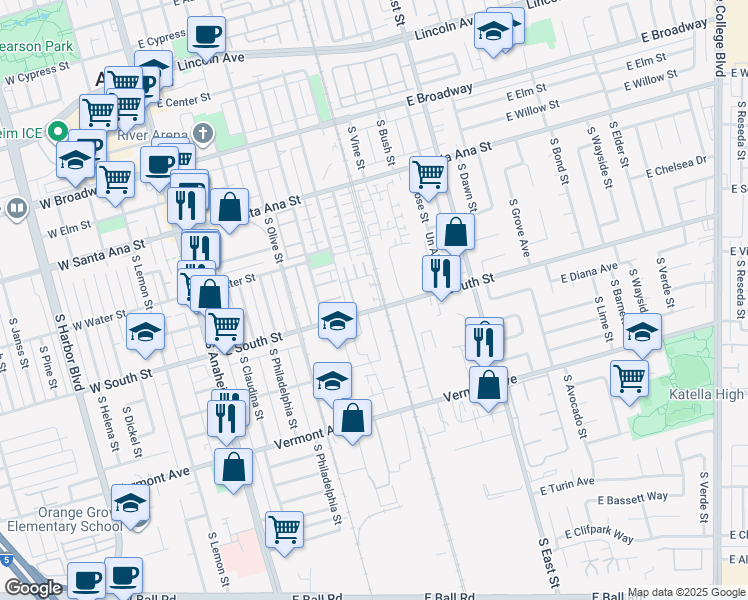 map of restaurants, bars, coffee shops, grocery stores, and more near 802 South Dakota Street in Anaheim