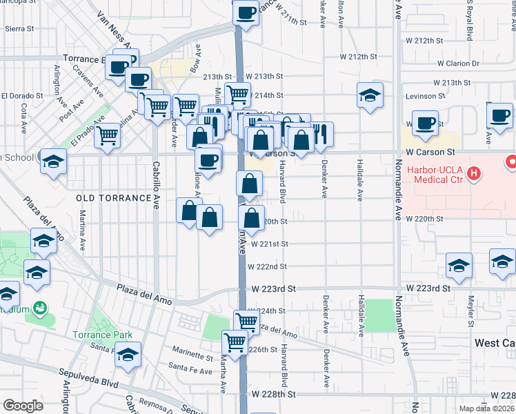map of restaurants, bars, coffee shops, grocery stores, and more near 1644 West 219th Street in Torrance