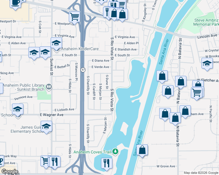 map of restaurants, bars, coffee shops, grocery stores, and more near 2788 East Ames Avenue in Anaheim