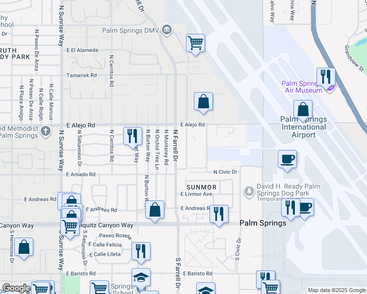 map of restaurants, bars, coffee shops, grocery stores, and more near 403 North Juanita Drive in Palm Springs
