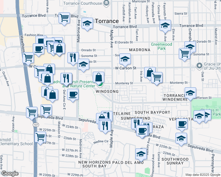 map of restaurants, bars, coffee shops, grocery stores, and more near Maple Avenue in Torrance