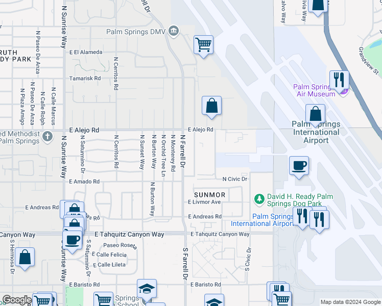 map of restaurants, bars, coffee shops, grocery stores, and more near 403 North Juanita Drive in Palm Springs