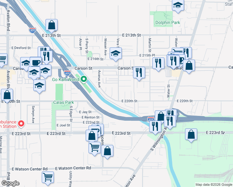 map of restaurants, bars, coffee shops, grocery stores, and more near 21919 Vera Street in Carson