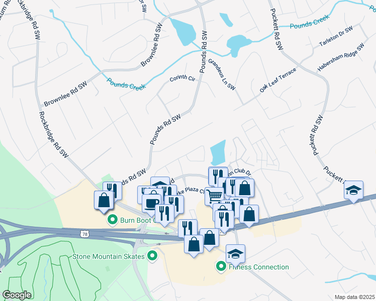 map of restaurants, bars, coffee shops, grocery stores, and more near 5195 Lakebrooke Run in Stone Mountain