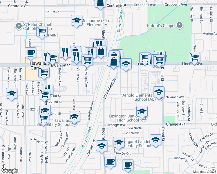 map of restaurants, bars, coffee shops, grocery stores, and more near 9185 Bloomfield Street in Cypress