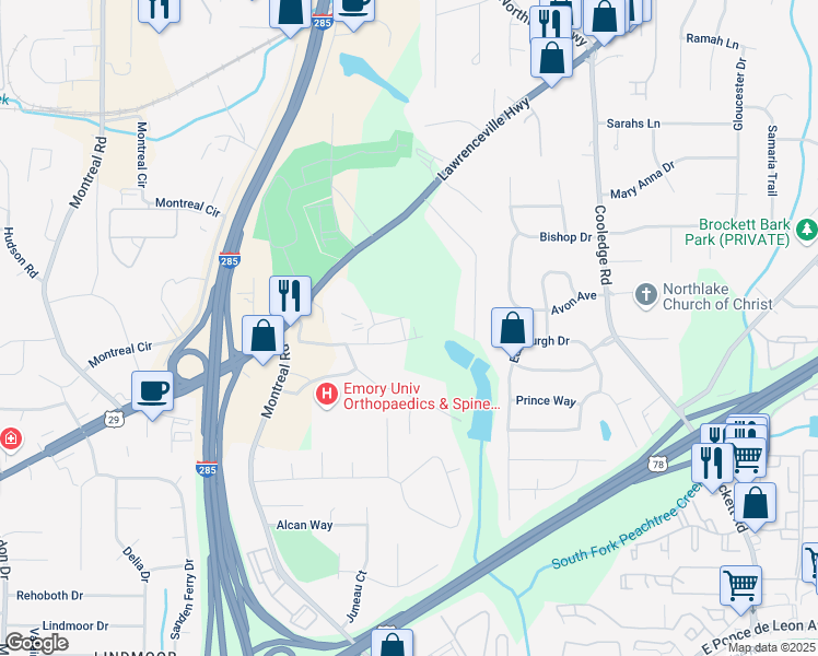 map of restaurants, bars, coffee shops, grocery stores, and more near 1597 Tilden Court in Tucker