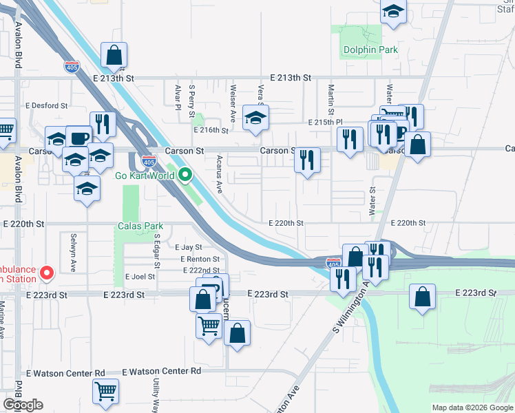 map of restaurants, bars, coffee shops, grocery stores, and more near 21919 Vera Street in Carson