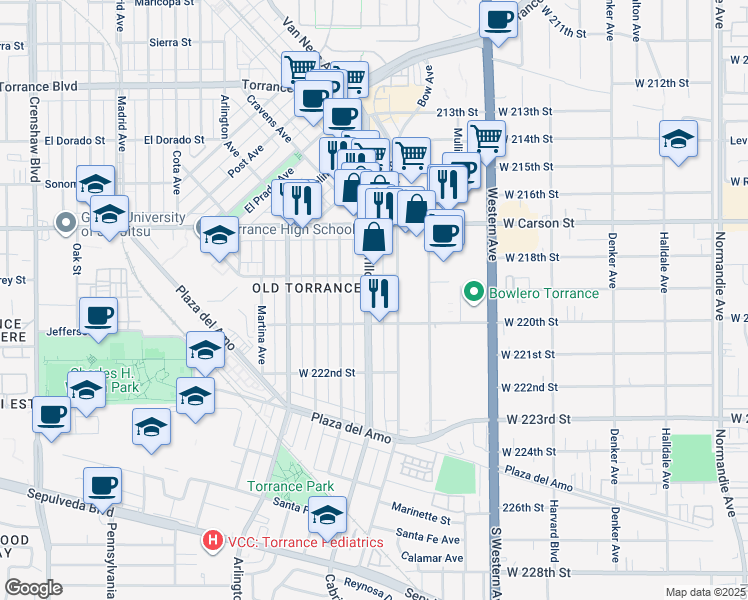 map of restaurants, bars, coffee shops, grocery stores, and more near 1830 Cabrillo Avenue in Torrance