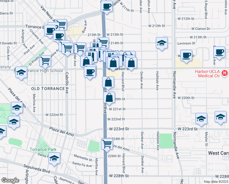 map of restaurants, bars, coffee shops, grocery stores, and more near 1636 West 219th Street in Torrance