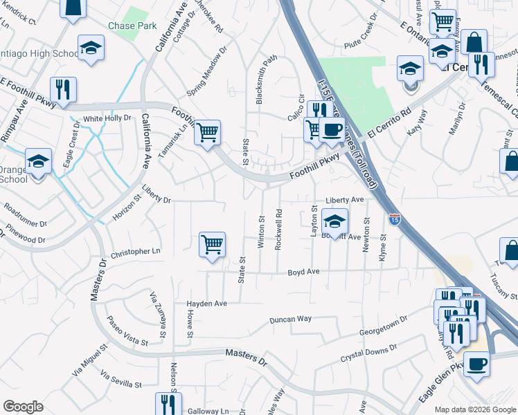 map of restaurants, bars, coffee shops, grocery stores, and more near 20015 Winton Street in Corona