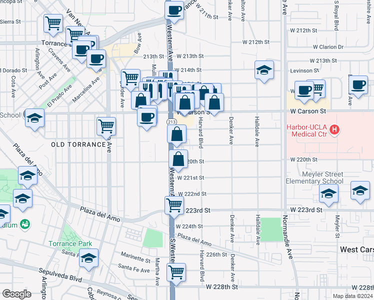 map of restaurants, bars, coffee shops, grocery stores, and more near 1636 West 219th Street in Torrance